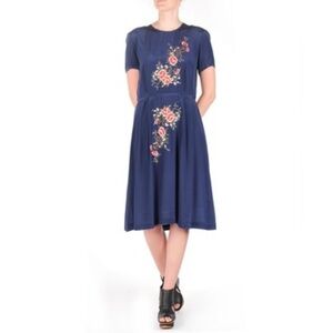 Kate Sylvester Navy Blue Dress Size XS 100% Silk Knee Length Short Sleeve